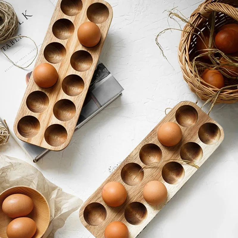 Kitchen Containers Acacia Wood Double-Row Egg Storage Box Household Refrigerator Egg Rack Accessories Container Storage Kitchen