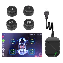 TPMS Android para coche, Radio, reproductor de DVD, alarma, monitoreo de presión de neumáticos, neumático de repuesto, 4 sensores externos, USB con instalación APK