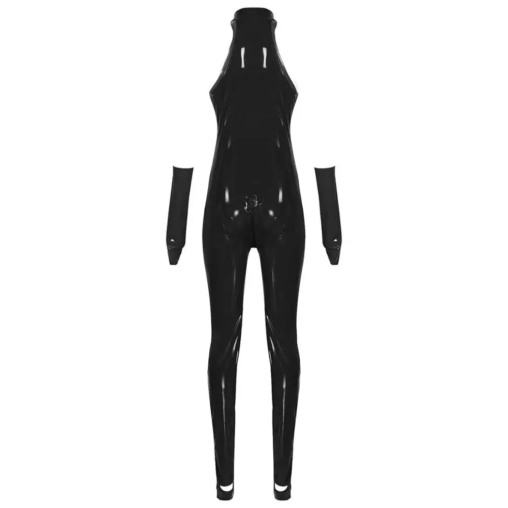 Tuta da donna in vernice effetto bagnato collo alto staffa senza maniche Catsuit body pagliaccetto tute Clubwear Sexy un pezzo