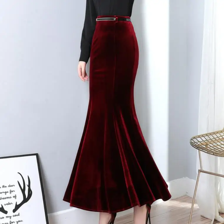 2022  Autumn Vintage Velvet Black Long Mermaid Skirt 2020 Fashion Women Elegant Velour Skirts With Belt DQ1279