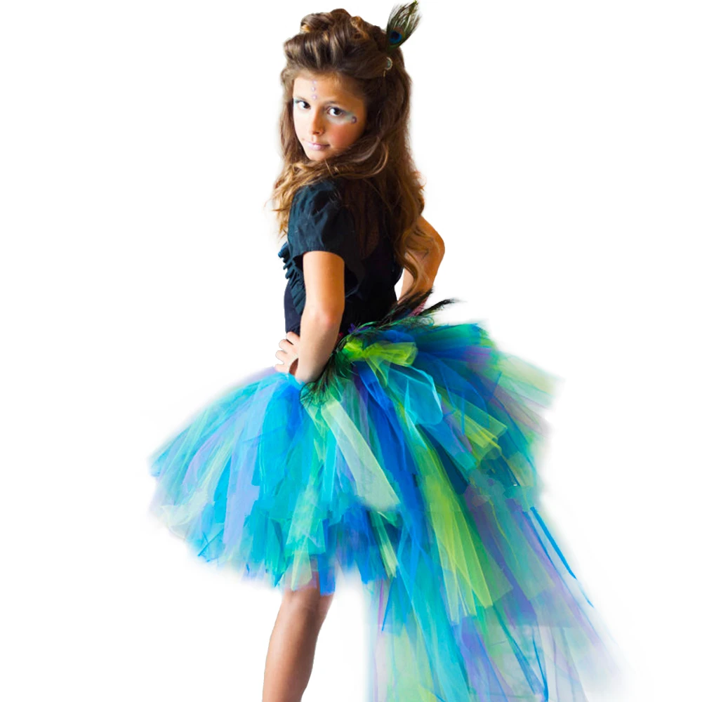 Peacock Feathers Girls Tutu Skirt Trailing Tulle Baby Girl Tutu Skirt Fluffy Kids Skirts For Girls Party Halloween Costume 1-14Y