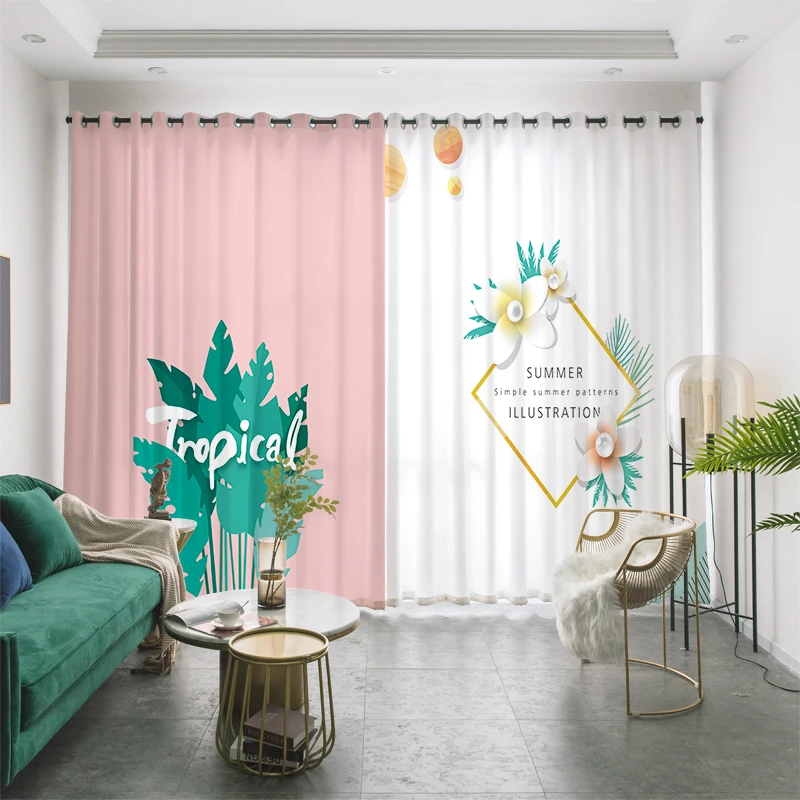 

Custom Window Curtain Drape Hangings for Nursery Kids Children Living Room Bedroom Palm Leaf Leaves Floral Green White