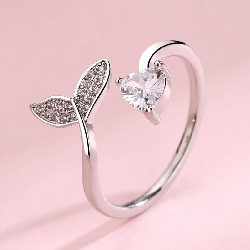 Trendy Silver Color Mermaid Tail Cuff Ring With Cubic Zirco Sea Whale Fish Tail Bague Love Heart Crystal Rings Romantic Gifts