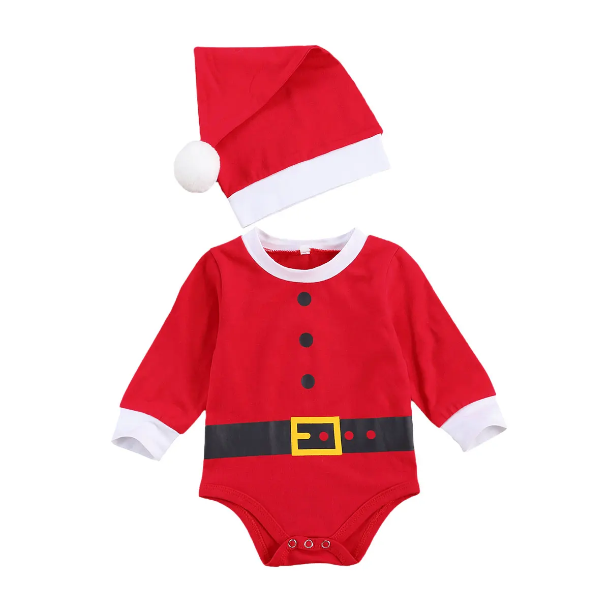 

Newborn Christmas Outfits Long Sleeve Round Neck Print Romper + Pompom Cap Toddler Baby Girls Boys Xmas Clothes