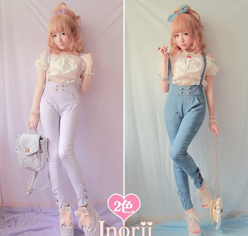 

Princess sweet lolita overall vintage young girl trousers Bobon21 bow print denim suspenders pencil trousers b1002