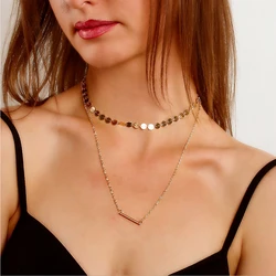 Sexy Multi Layer Necklace Coin Chain Choker Extended O chain with Square Bar Charm silver color gold color plated for Women Gift