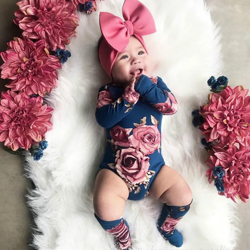 0-24M Newborn Baby Girls Floral Clothes Spring Autumn Long Sleeve Romper Warm Leg Socks Outfits Toddler Girls Clothes