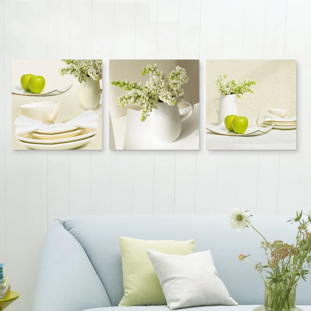 3 Panel Green Apple Flowers Kitchen Posters Wall Art Canvas Pictures Home Decor Paintings Accessories for Living Room Decoration