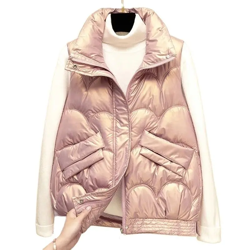 

New No Wash Glossy Down Cotton Vest Female Short Loose External WearAutumn Winter Ladies Vest Waistcoat Fashion Student Jacket