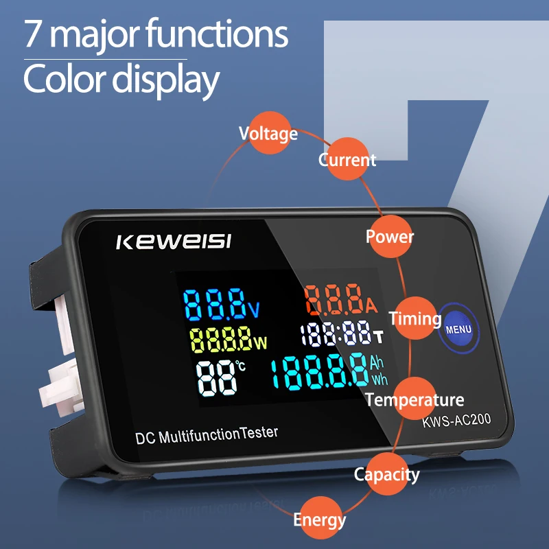 KWS DC Monitor zasilania cyfrowy wyświetlacz miernik napięcia prądu z funkcja resetowania kolorowy ekran Tester mocy detektor 0-200V 0-100A