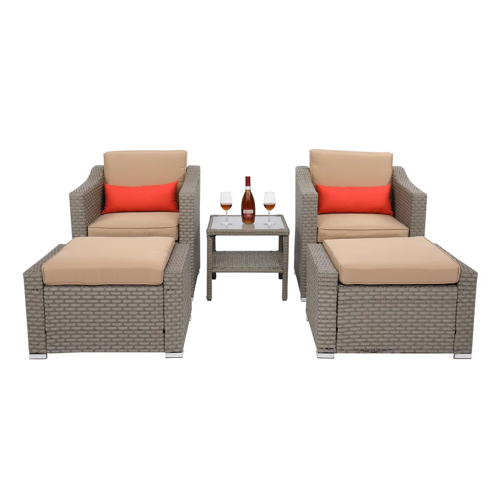 Patio Furniture 5Pcs Suit Include 2 Single 2 Pedals 1 Double Coffee Table Wide Rattan Double Contiguous Gray[US-Stock]