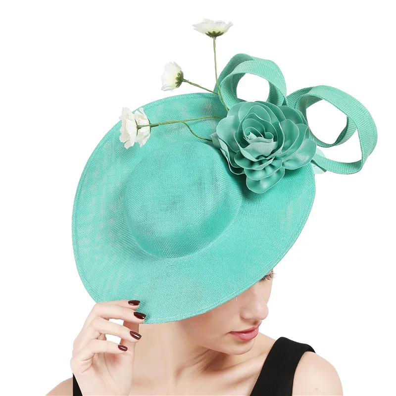 Emerald Green Derby Big Millinery Hats Women Wedding Party Fascinator Hat with Nice Floral Accessories Loops Headpiece Headband