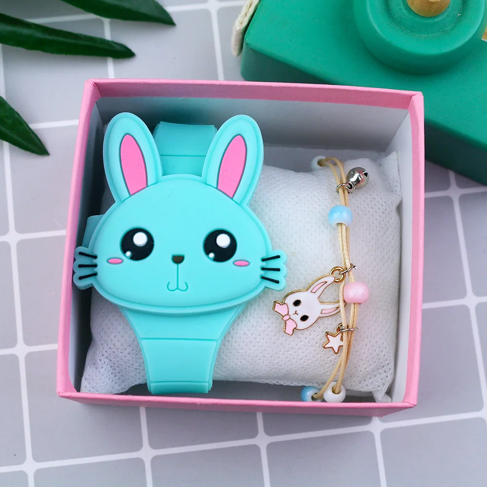 LED Cartoon Rabbit Children Watches with Bratelet Lovely Rabbit Electronic Girls Kids Watch ladies Flip Cover Students Clock