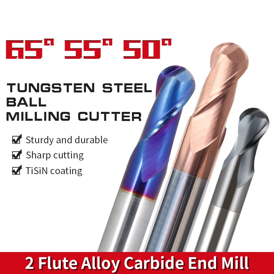 Augusttools HRC50 55 65 2 Flute Ball Nose End Mills Tungsten Carbide Cutter CNC Router Bit Milling Tool R0.5 R1 R2 6mm 8mm 10mm