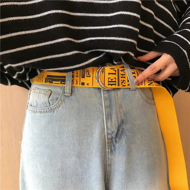 

Fashion Canvas Belt Harajuku Letter Printed Student Women Men Jeans Long Belts Double D Ring Buckle white Waistband Z30