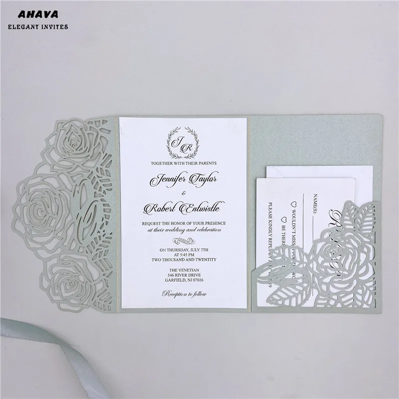 

Grey wedding invitation with rings, tri fold wedding invitation, Quinceanera floral pocket envelope