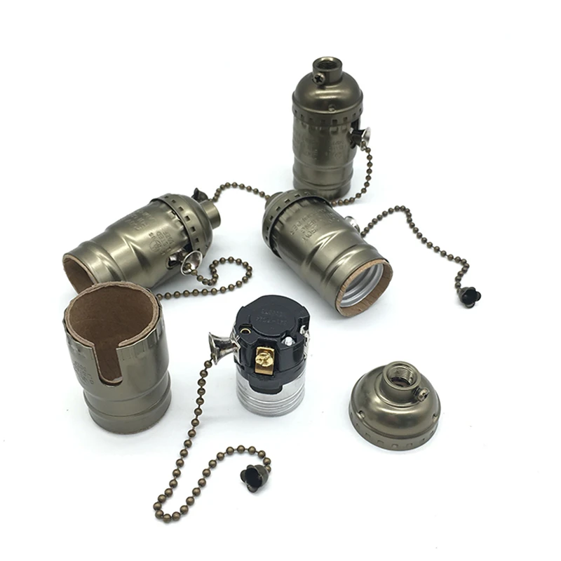 Ganriland e26 e27 vintage retro lampholder 110v 220v alumínio soquete shell zipper base da lâmpada para a tomada de parafuso de luz com interruptor