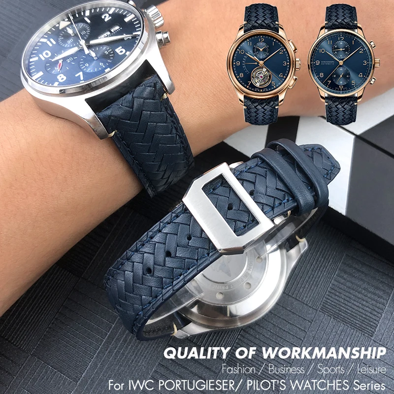 20 21mm 22mm High Quality Cowhide Woven Watchband Fit for IWC Portugieser Pilot's Watches Curved End Genuine Leather Watch Strap