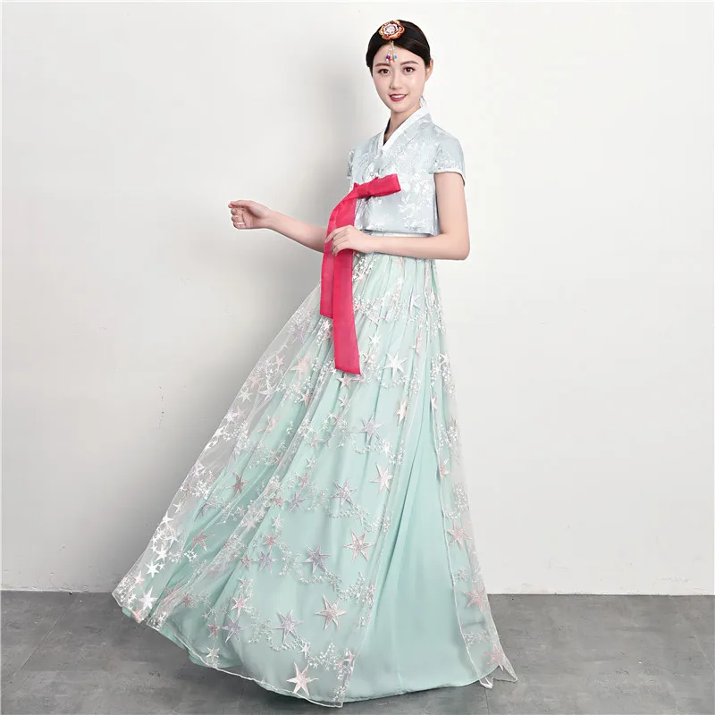 

Новинка, женский разноцветный костюм феи Hanbok, женский костюм для выступлений в народном дворцовом стиле, корейская традиционная одежда, пушистое платье, комплект с топом и юбкой