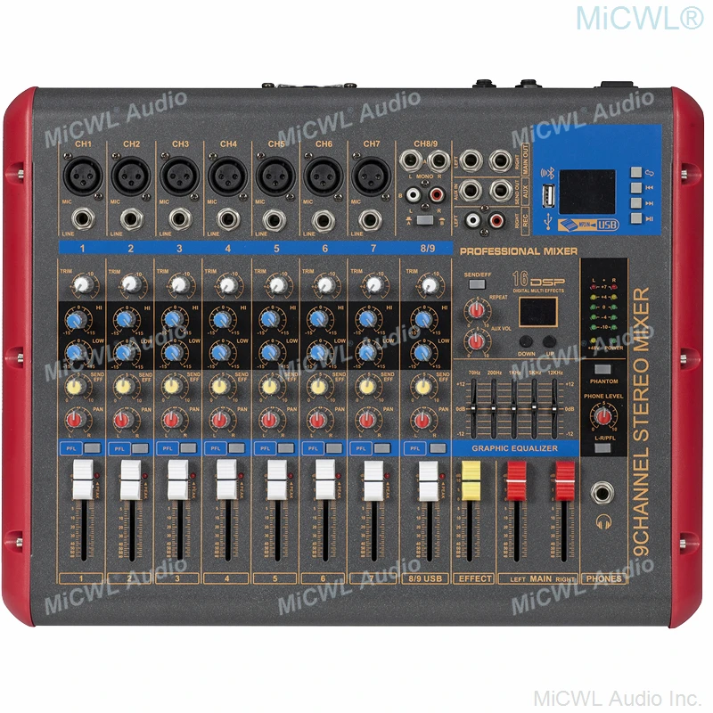 وحدة خلط بلوتوث XR9, 9 قنوات خلاط 9-Input 2-Bus 2 ستيريو بلوتوث وحدة التحكم في خلط للمرحلة كاريوكي استوديو المنزل الأداء حفلة 16 DSP 48V