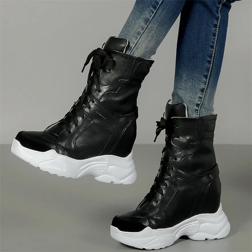 Casual Shoes Women Lace Up Genuine Leather High Heel Platform Pumps Shoes Female Breathable High Top Round Toe Fashion Sneakers