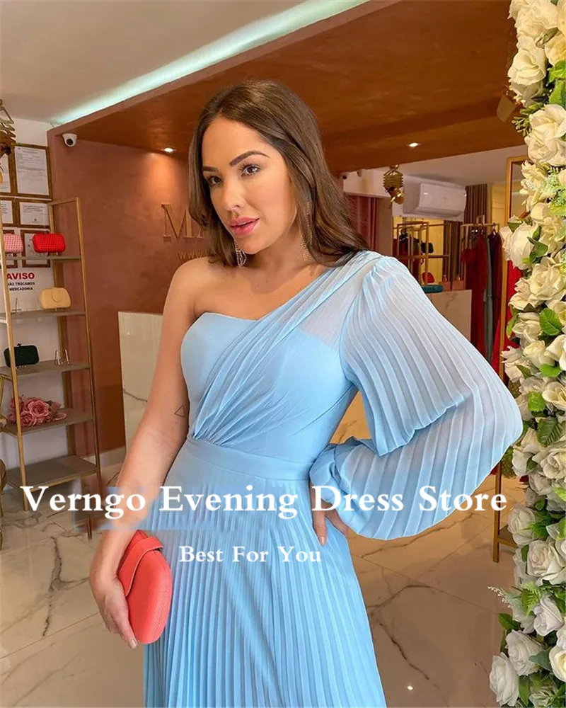 Verngo abito da sera in Chiffon drappeggiato azzurro cielo chiaro One Puffy maniche lunghe fessura arancione abiti da ballo semplici Plus Size abito formale