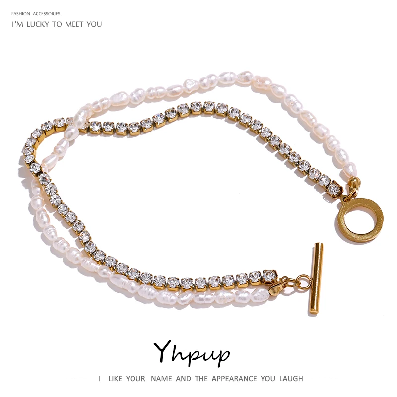 Yhpup Stainless Steel Natural Pearl Chain Bracelet for Women Shiny Cubic Zirconia Layered Stylish Wedding Charm Jewelry Gift