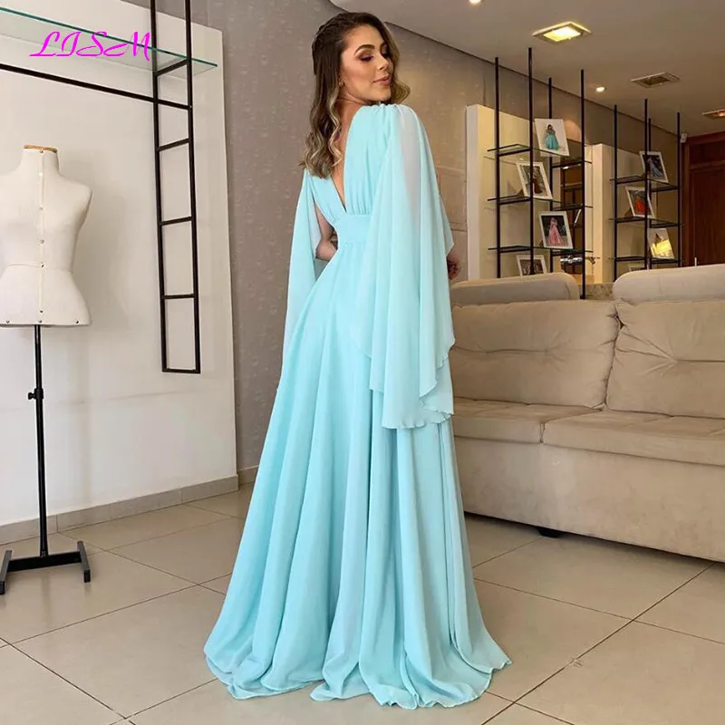 Light Sky Blue Chiffon Mother of the Bride Dresses Deep V-Neck Backless Wedding Party Gowns Long Evening Prom Dress