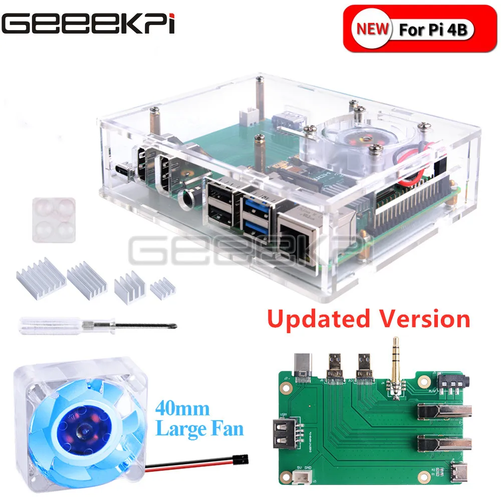 

GeeekPi New Acrylic Raspberry Pi set-top box kit with 4010 blue LED light fan and all aluminum heat sink For Raspberry Pi 4B