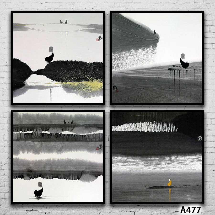 Abstract Oil Painting Print on Canvas 4pcs White and Black Monk Landsacpe Canvas Art Painting Wall Art Picture for Home Decor