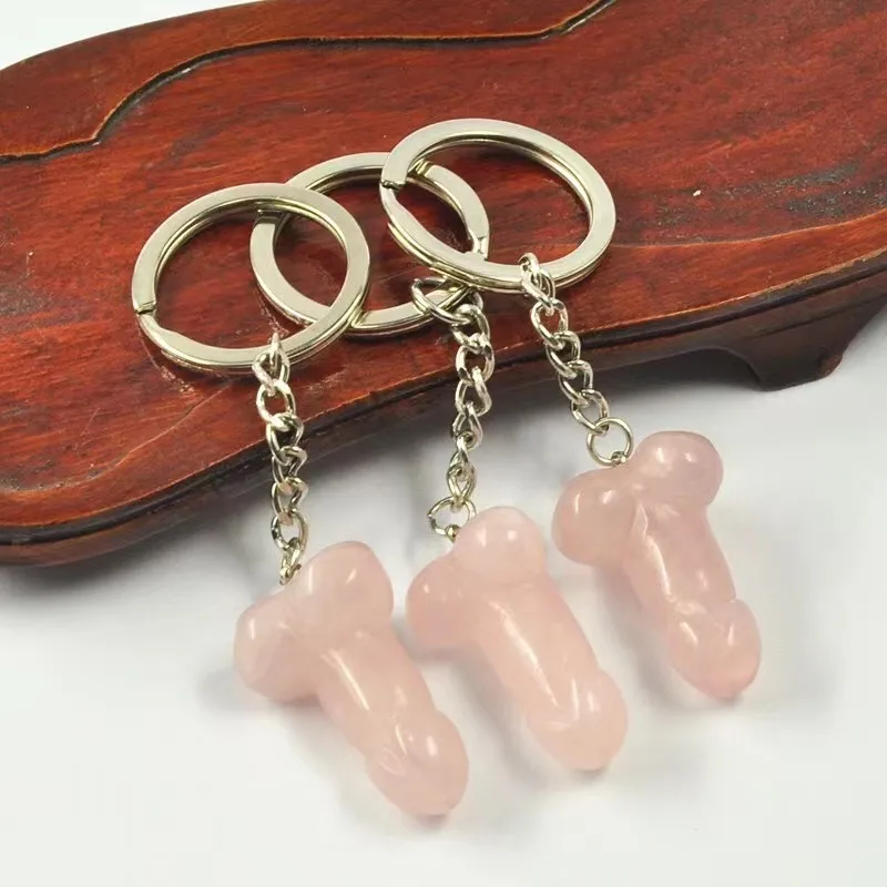 Natural Hand Carved folk crafts keyrings polished mix color rose quartz penis Keychain for sale