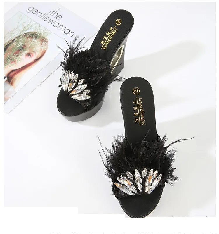 Best Sellers Summer Slippers Women Crystal Fur Platform Wedge Thick Sole High Heels 13CM Outdoor Mules Slides Sweet Beach Shoes