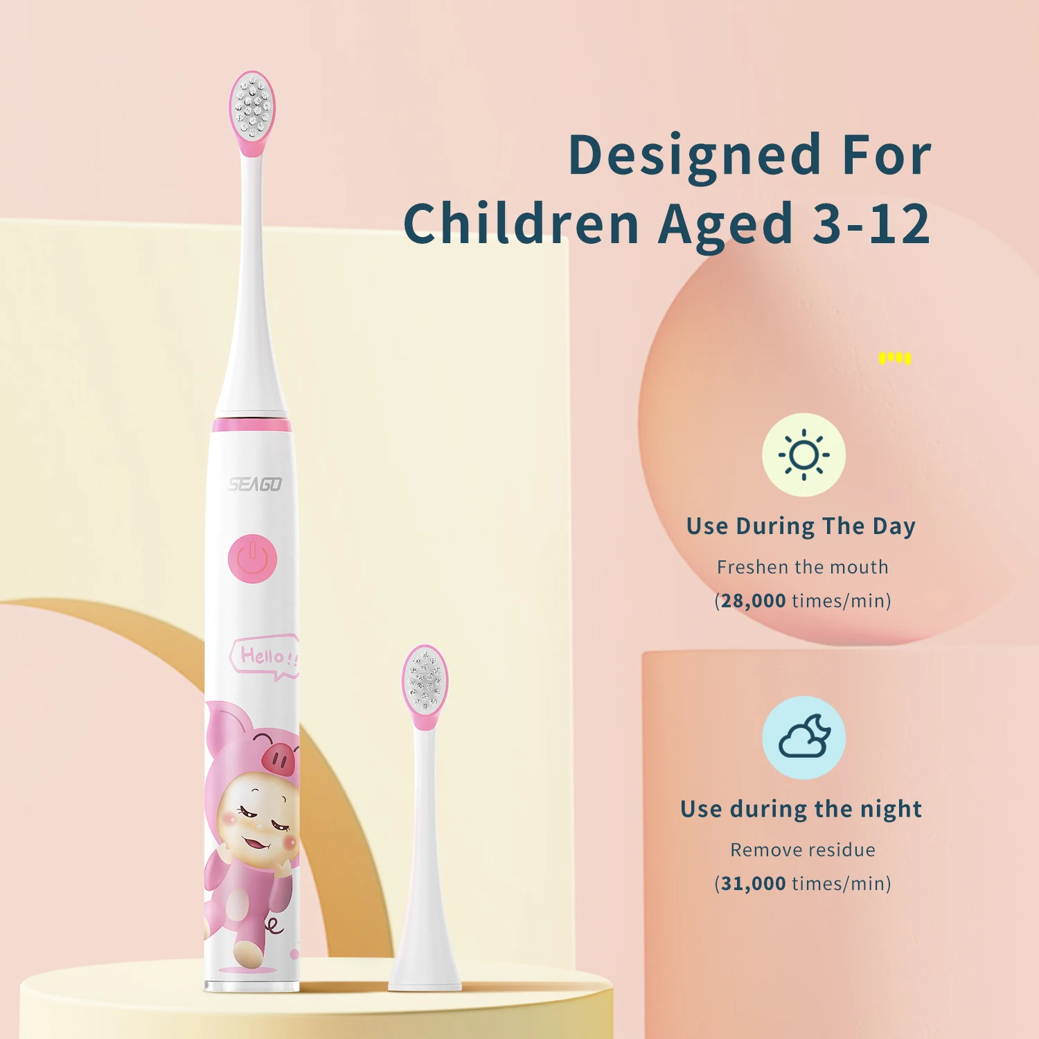 SEAGO Sonic Electric Toothbrush Upgraded Kid Safety Automatic Toothbrush USB Rechargeable with 2 pcs Replacement Brush Head SK3