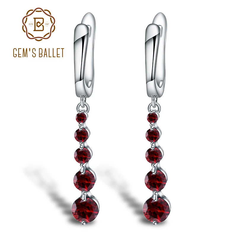 

GEM'S BALLET Genuine 925 Sterling Silver Earrings 2.67Ct Natural Round Red Garnet Gemstone Drop Earrings Fine Jewelry For Women