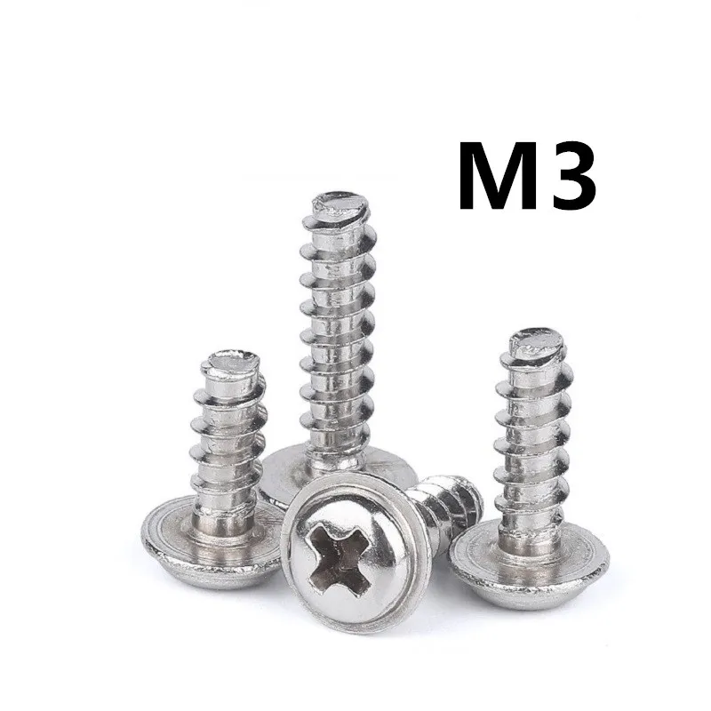 100pcs/lot M3x6/8/10/12/16mm 304 stainless steel PWB plate head, flat tail and cushion self-tapping screw