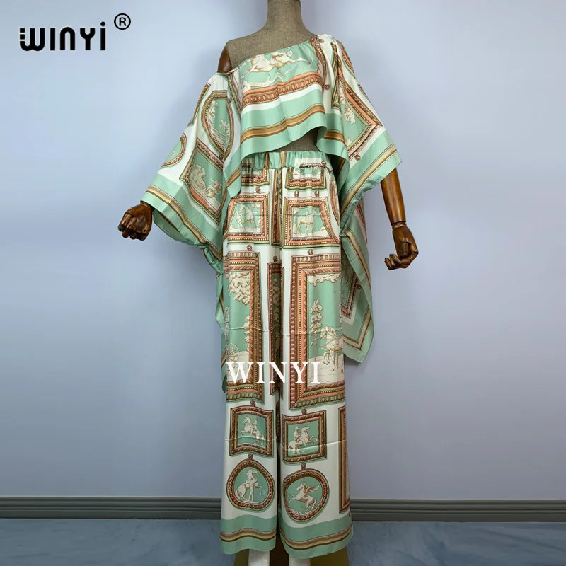 2021 WINYI creative two-piece jacket and trousers summer printing oversized bat sleeves women\'s stretch twill silk floor length