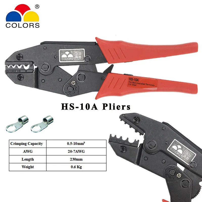 

HS-10A crimping pliers for non-insulated terminals clamp european style capacity 0.5-10mm2 20-7AWG hand tools