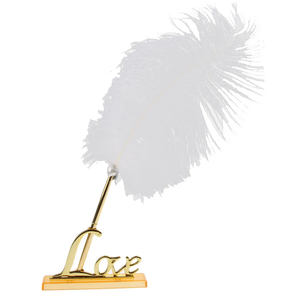 Wedding Signature Feather Signing Pen Gold Plated Love Metal Holder Set