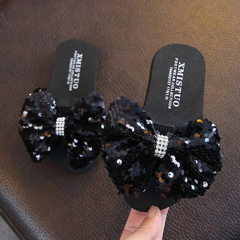 Fashion Sequin Bow Girl Slippers Princess Shoes Children Beach Slipper Girl Sandals Flats Non-slip Soft Kids Slippers