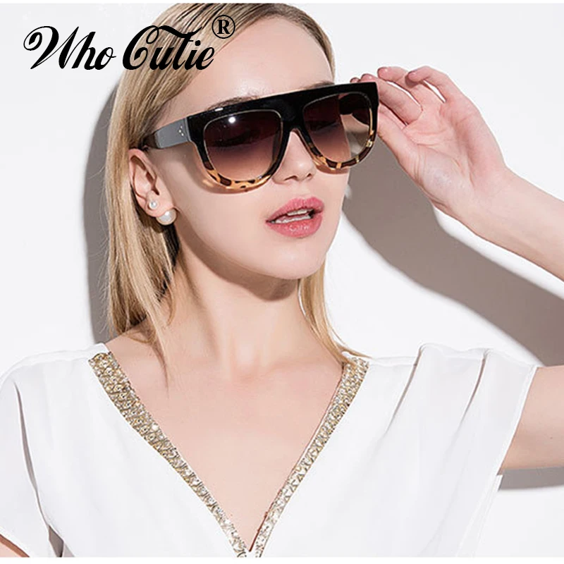 WHO CUTIE Fashion Women Sunglasses Brand Designer Flat Top Vintage Gradient Sun Glasses Female Rivet Big Frame Shades UV400 369B