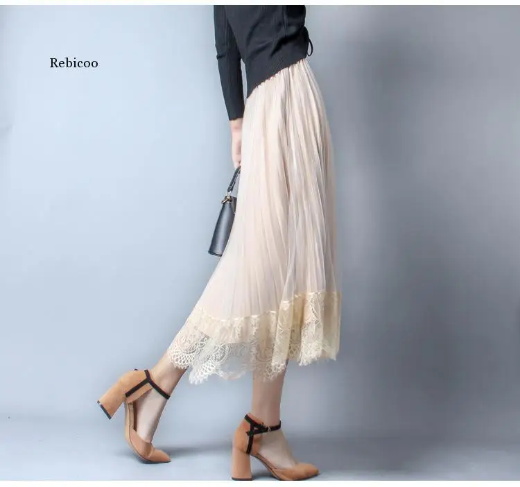 

Осенняя Женская юбка, новая английская сетчатая юбка с высокой талией, кружевная плиссированная юбка в стиле пэчворк, элегантные большие фатиновые юбки с обеих сторон