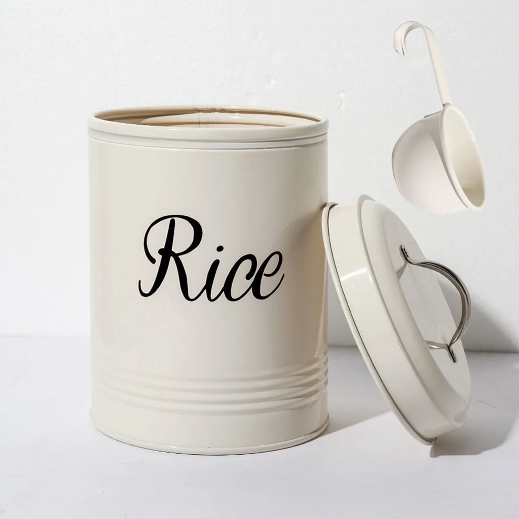 White Metal Kitchen Food Rice Storage Tin Jar 3L Canister Case 5.9x7.5 inches