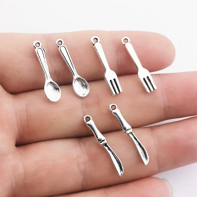 JINDINSP 30pcs Cutlery Charms Spoon Fork Steak Knife Charms Tibetan Silver Color Pendants DIY jewelry Crafts Making Findings