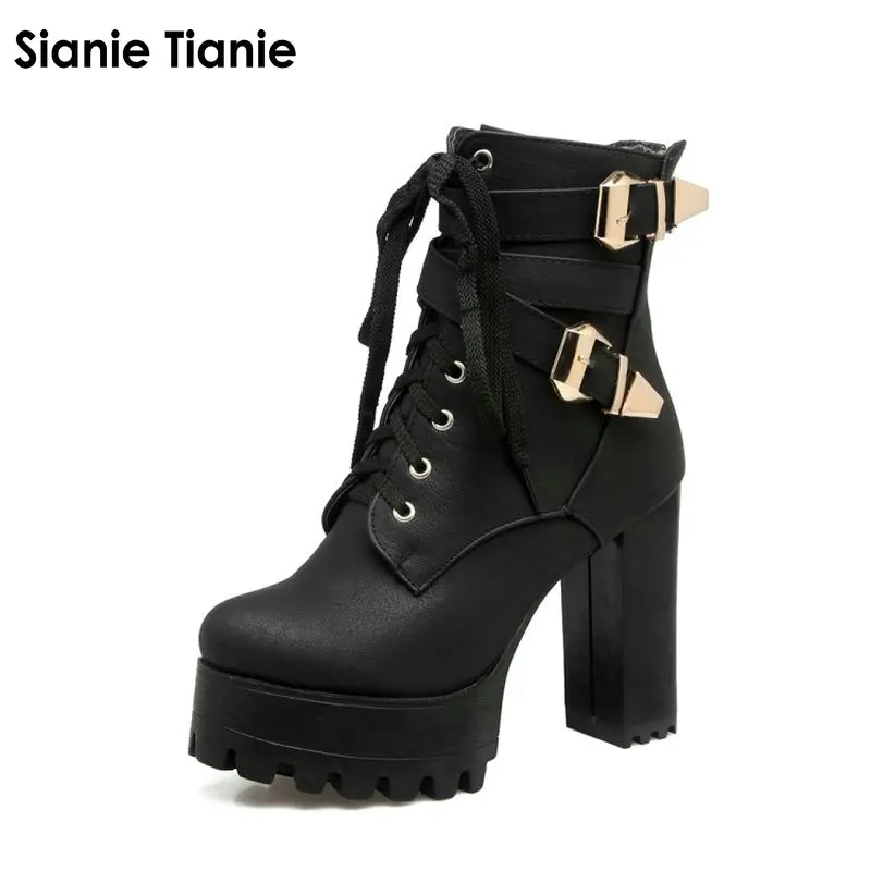 Sianie Tianie lady platform thick block high heels woman shoes lace up buckle strap women ankle boots plus size 33-48  45 46 47