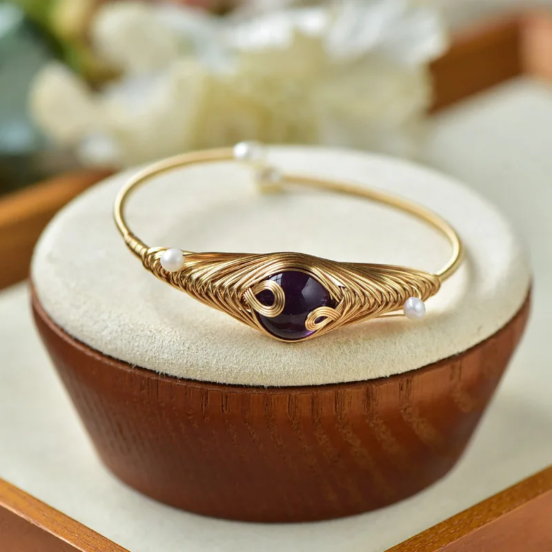 Handmade Golden Wire Winding Natural Amethyst Pearl Open Bangle Women's Brass Adjustable Bracelet Vintage Jewelry Luxury Holiday