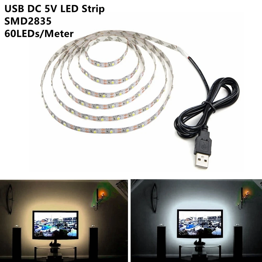 LEDストリップライト,5V DC,USB電源,フレキシブル,ウォームホワイト/ホワイト,1m,2m,3m,4m,5m,休暇用照明,2835