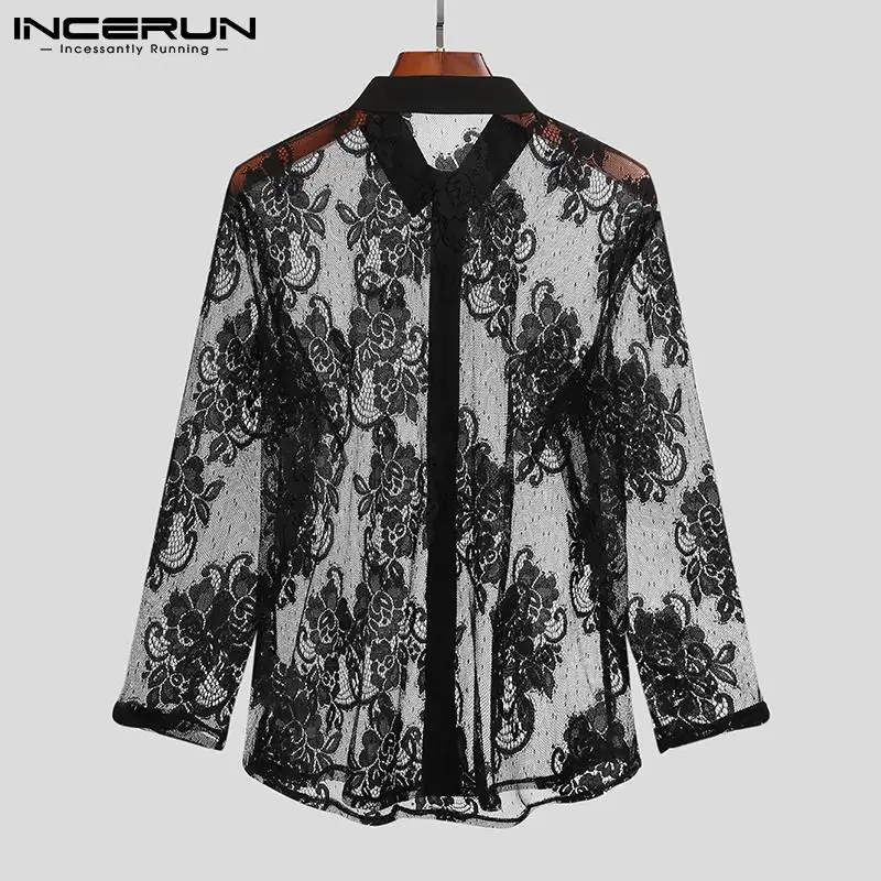 Men Mesh Shirt Lace Lapel Long Sleeve 2023 Transparent Streetwear Sexy Camisas Fashion Party Nightclub Shirts Men S-5XL INCERUN