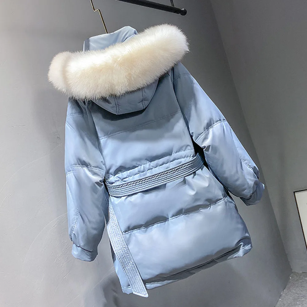 2021 New Large Real Fox Fur Winter Puffer Down Jacket Women 90% White Duck Down Coat Female Hooded Warm Belt Parkas