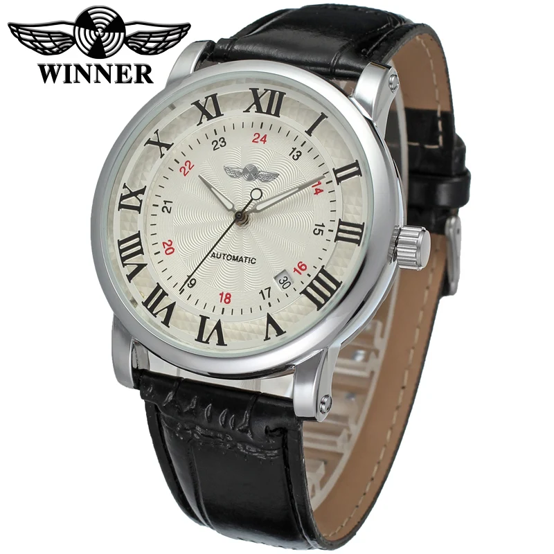 T-winner Men's Mechanical Watch Calendar Circular Roman Digital Watch Silver Strap Wrist Watch