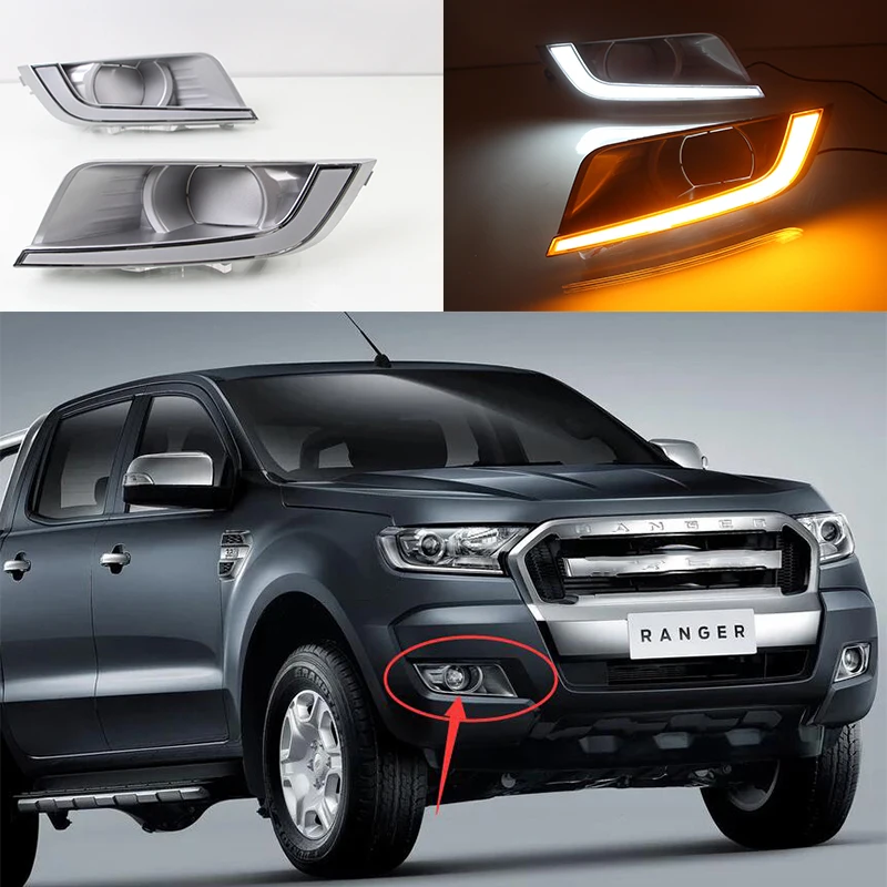 

For Ford Ranger 2015 2016 2017 2018 Daytime running lights LED DRL Fog lamp driving lights with Yellow Turn Signal Function